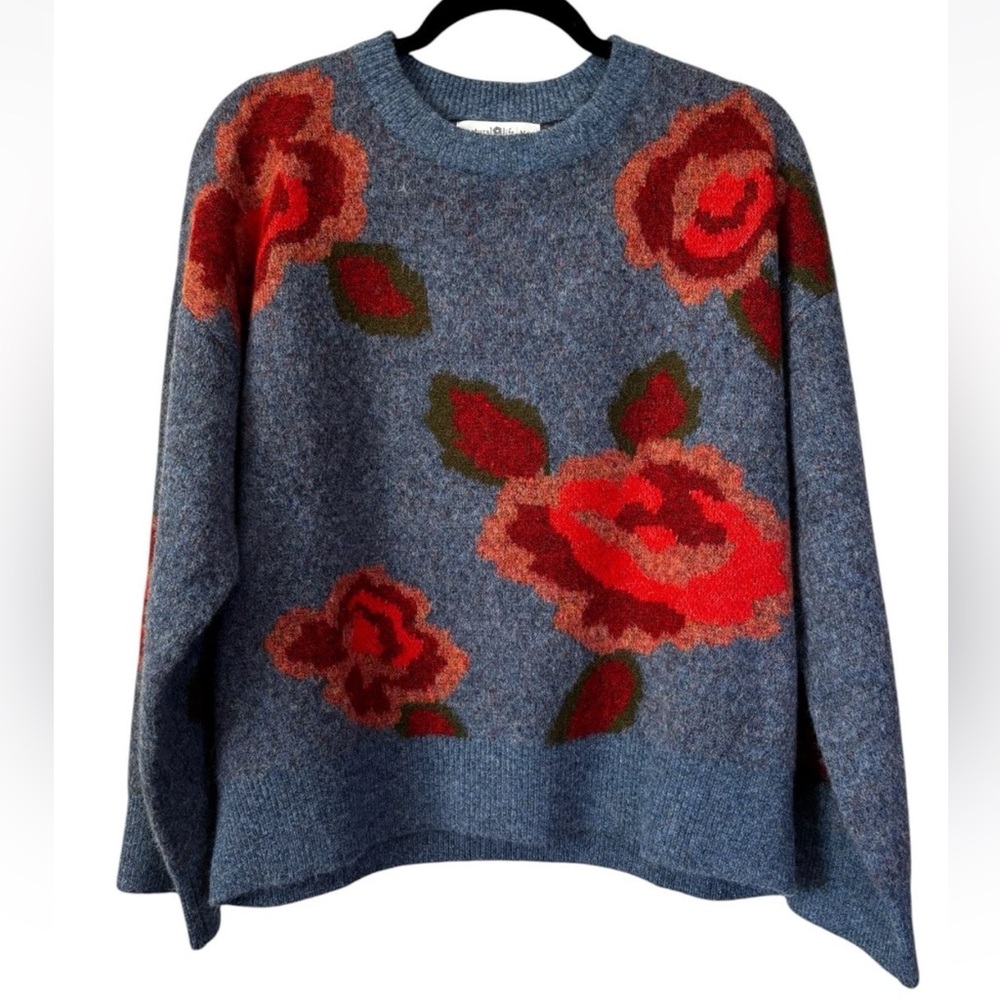 Natural Life Rosie Jaquard Sweater Blue Floral M Medium Boxy Fit Wool Blend - Picture 2 of 6